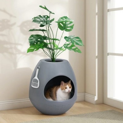 LunaLulinlk grey cat litter box set with artificial plants, additional scoop, and replaceable litter box liner