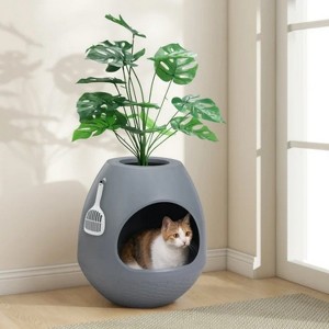 LunaLulinlk grey cat litter box set with artificial plants, additional scoop, and replaceable litter box liner - 1 of 4