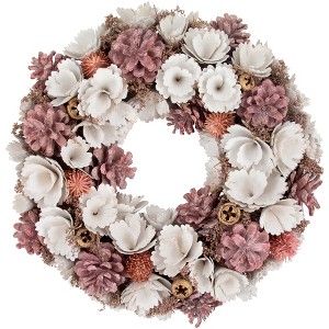 Northlight 13" White and Pink Wooden Floral Christmas Wreath with Pinecones - 1 of 4