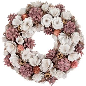 Northlight 13" White and Pink Wooden Floral Christmas Wreath with Pinecones