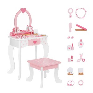 Aoibox Kids Vanity Set with Table Chair Mirror and Storage Drawer Pink Includes 15 Makeup Accessories for Girls Room - 1 of 4