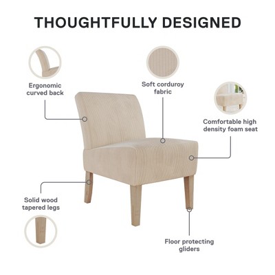 Ivory Corduroy Armless Slipper Chair with Wood Legs