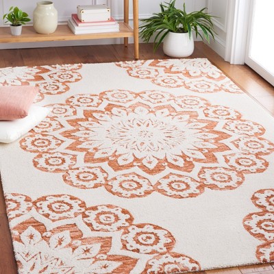 Ivory and Pink Floral Hand Tufted Wool Area Rug 8' x 10'