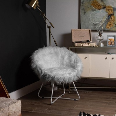 Silver Faux Fur Papasan Chair with Metal Legs