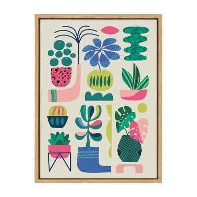 Colorful Mid-Century Modern Botanical Canvas Print with Natural Frame