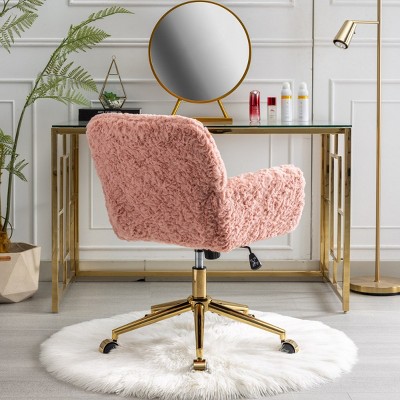 Pink Faux Fur Swivel Office Chair with Gold Metal Base