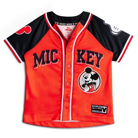 Disney Mickey Mouse Little Boys Mesh Baseball Jersey Button Down Shirt Red / Black 7-8