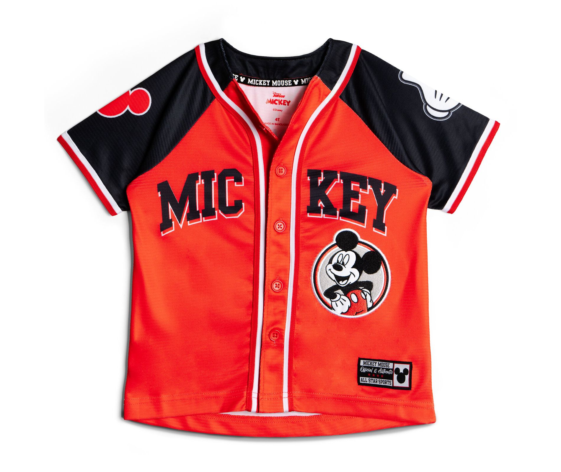 Disney Mickey Mouse Toddler Boys Mesh Baseball Jersey Button Down Shirt Red / Black 4T