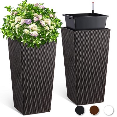 Tall Rattan Planter Set of 2 Large Flower Pot with Water Level Monitor & Wheels Outdoor and Indoor for Patio, Porch, Living Room, or Home Office
