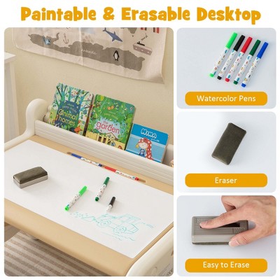 Kids Beige and White Drawing Table and Chair Set with Storage