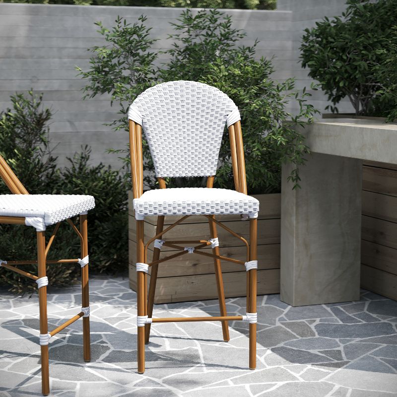 Merrick Lane Set of Two Indoor/Outdoor Stacking French Bistro Counter Stools with White and Gray Patterned Seats and Backs & Bamboo Finished Metal Frames, 5 of 12