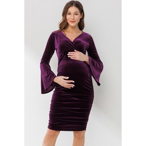 Hello MIZ Womens Velvet  Maternity V-Neck Bodycon Dress with Bell Sleeves - 1 of 1