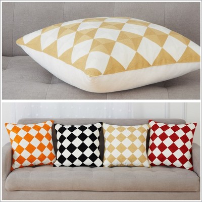 Beige and White Embroidered Checkered 20" Pillow Covers, Set of 2
