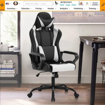 Black and White Ergonomic PU Leather Gaming Chair with Footrest