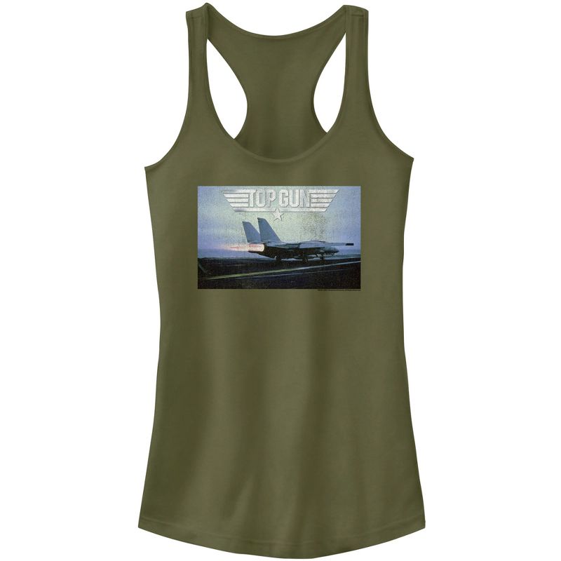 Juniors Womens Top Gun Fighter Jet Ready for Takeoff Distressed Racerback Tank Top, 1 of 5