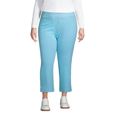 Lands' End Women's Plus Size Starfish Mid Rise Elastic Waist Pull On Crop  Pants Print - 3X - Island Turquoise/White Check