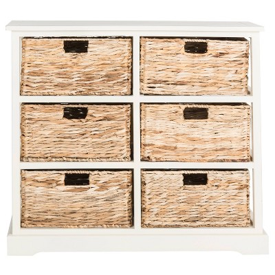 white storage with wicker baskets