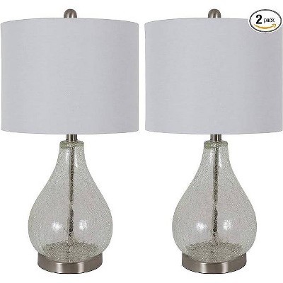 Set of 2 Clear Crackled Glass Teardrop Table Lamps with White Linen Shades