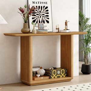 Sapphtopaz 59" Minimalist Console Table with Curved Corners, Wood Veneer Couch Table with U-Base Design, Side Table for Living Room, Entryway - 1 of 4