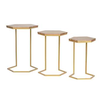 Set of 3 Cordele Boho Glam Handcrafted Hexagon C Shaped Nesting Tables Natural/Gold - Christopher Knight Home