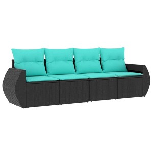 vidaXL 4 Piece Patio Sofa Set with Cushions Black Poly Rattan - Black and Blue Without Table - 1 of 4