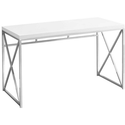 Compact Glossy White Corner Desk with Chrome X-Design Base and Drawer
