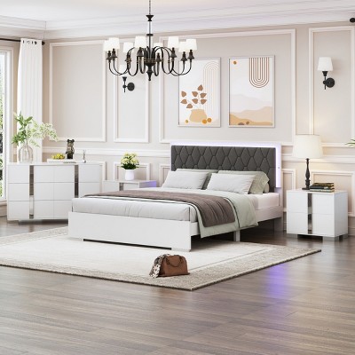 4 Piece Modern Bedroom Set with Upholstered LED Bed Nightstands and Dresser Set,Queen Size Storage Furniture for Contemporary Home-LAOTIES