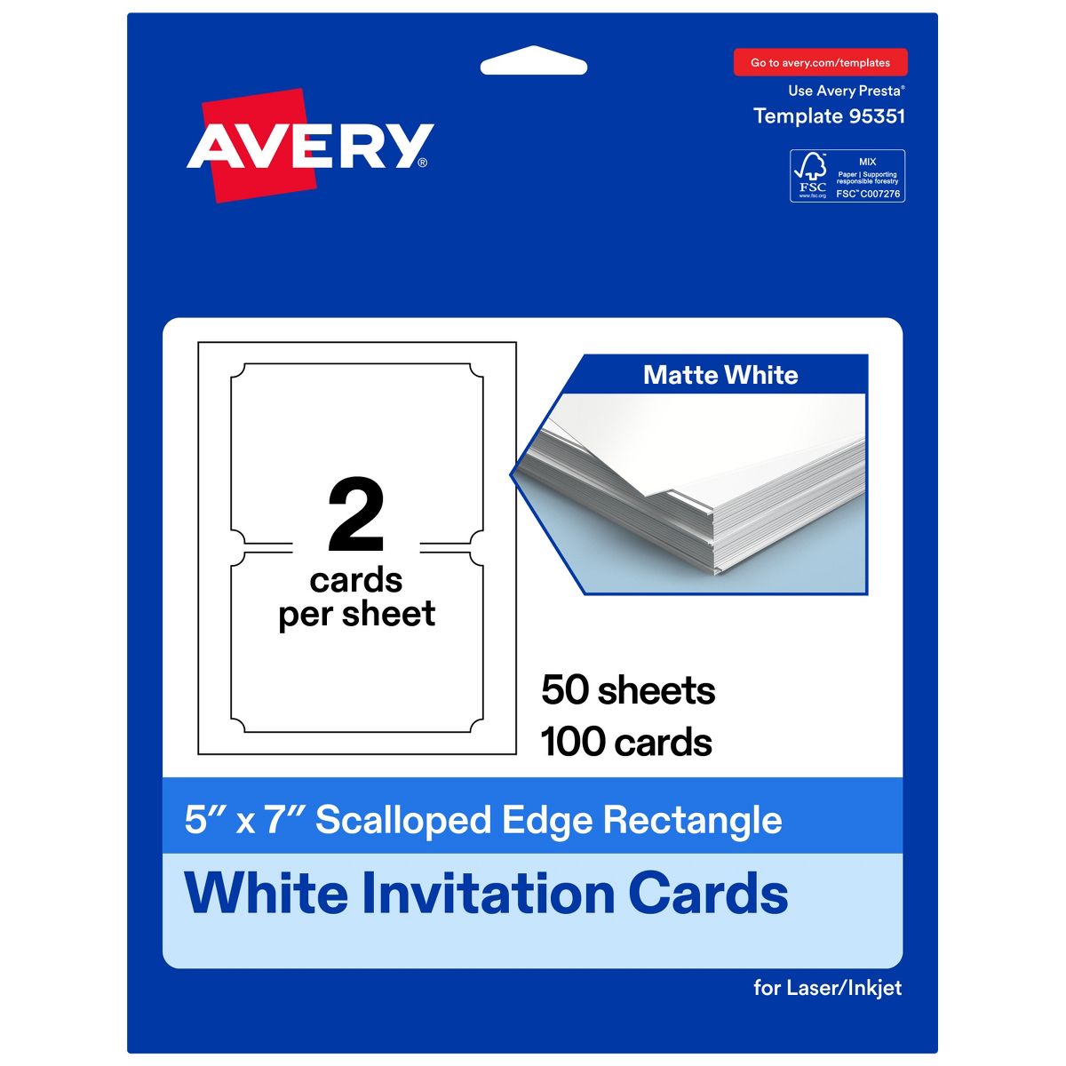 Avery Matte White Invitation Cards, 5" x 7" Rectangle Scalloped Edge