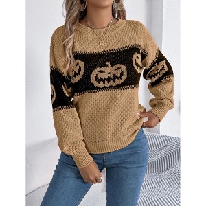 Clearlove Women's Festive Pumpkin Motif Knit Sweater Color-Block Long Sleeve Pullover for Halloween Gatherings - 1 of 4