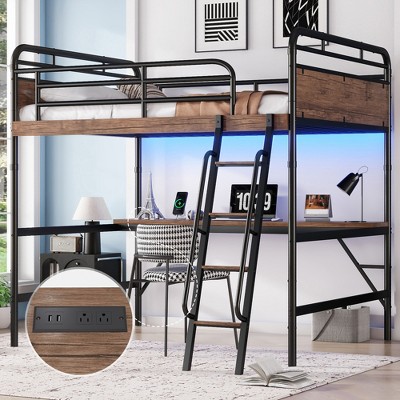 TiramisuBest Metal Loft Bed with Desk, Metal Loft Bed with LED Light and Charge Station