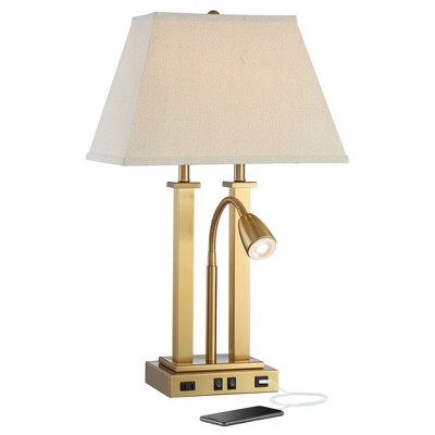 Possini Euro Design Modern Desk Table Lamp with USB and AC Power Outlet in Base LED 26" High Antique Brass Oatmeal Shade for Bedroom Office