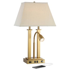 Possini Euro Design Deacon Modern Desk Table Lamp 26" High Brass with USB and AC Power Outlet in Base LED Reading Light Oatmeal Shade for Office Desk - 1 of 4