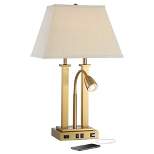 Possini Euro Design Deacon Modern Desk Table Lamp 26" High Brass with USB and AC Power Outlet in Base LED Reading Light Oatmeal Shade for Office Desk