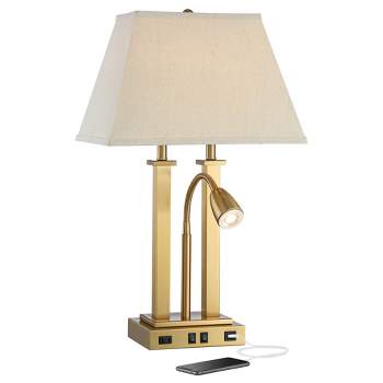 Possini Euro Design Deacon Modern Desk Table Lamp 26" High Brass with USB and AC Power Outlet in Base LED Reading Light Oatmeal Shade for Office Desk
