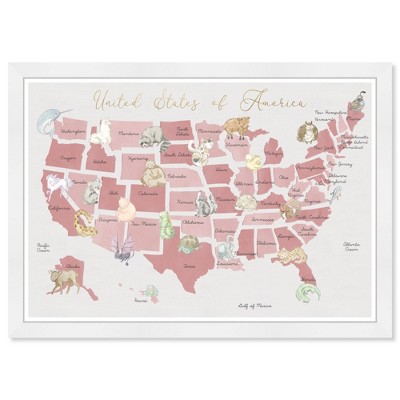 Wynwood Studio 21" x 15" Pastel Pink Wildlife Map Maps and Flags Framed Art Print: Modern Decor, Digital Print, White Frame