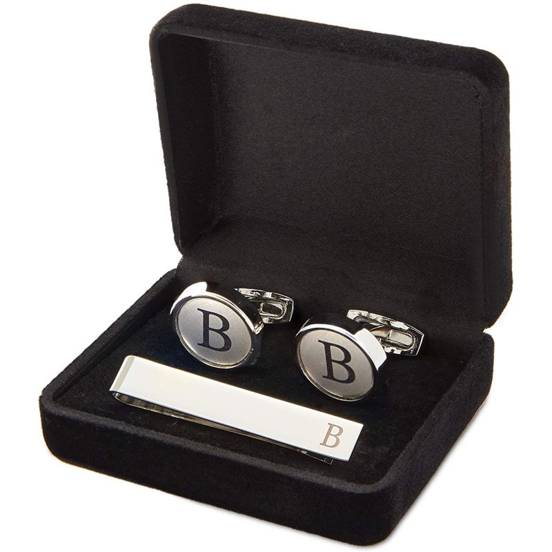 Zodaca Men's Initial Cufflinks Set and Tie Clips with Gift Box, Alphabet Letter Monogram B, Perfect Gift, 3 of 8