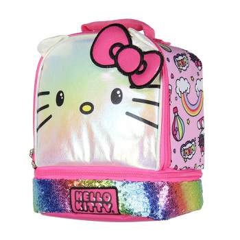 Sanrio Hello Kitty Kids Lunch Box 3-D Ears and Rainbow Sequins Insulated Bag Pink