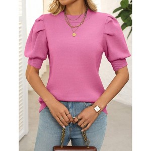Womens Round Neck Knit Tops Puff Short Sleeve Casual Knit Sweater Blouse - 1 of 4