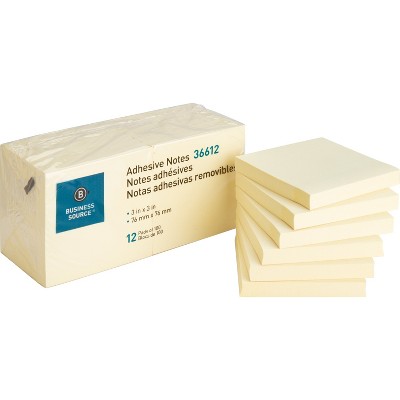 Business Source Adhesive Notes 100 Sheets 3"x3" 12/PK Yellow 36612