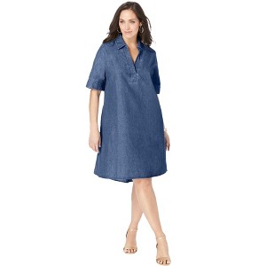 Jessica London Women's Plus Size Cuff Sleeve Denim Shirtdress - 1 of 4