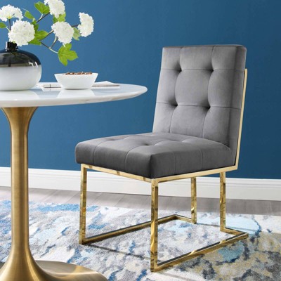 Gray Velvet Tufted Dining Chair with Gold Stainless Steel Base