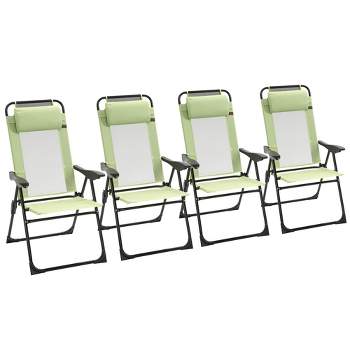 Outsunny Set of 4 Folding Patio Chairs, Camping Chairs with Adjustable Sling Back, Removable Headrest, Armrest for Garden, Backyard, Lawn, Green