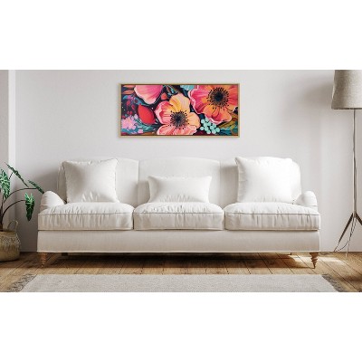 Colorful Floral Group Framed Canvas Wall Art, 18" x 40", Natural Wood Frame