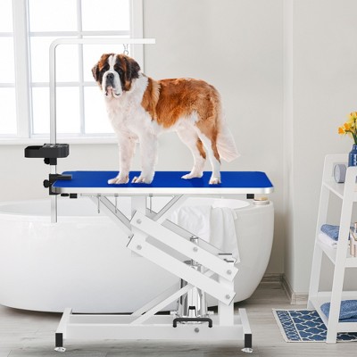 43 Inch Aluminum Frame Foldable Dog Grooming Table for Home with Adjustable Arm, Noose, Non-Slip Surface, and Storage Mesh Tray