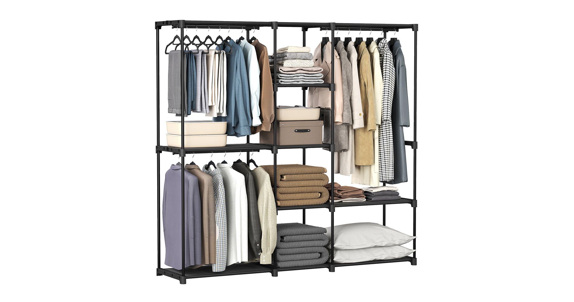 SONGMICS Portable Closet, Freestanding Closet Organizer, Clothes Rack with Shelves, Hanging Rods, Storage Organizer,Black