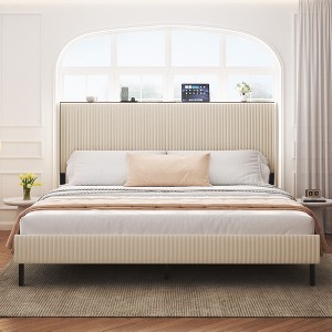Okak Minimalist Style All Size Bedroom Platform Bed Frame with Velvet Fabric Headboard,Modern Soft Bed No Box Spring Needed - 1 of 4