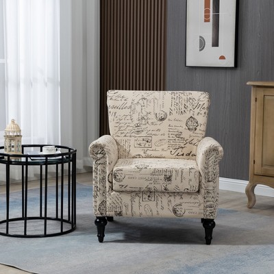TIRAMISUBEST Mid-Century Modern Linen Accent Chair, Tufted Back & Wood Legs, Upholstered Lounge Armchair for Living Room, Bedroom (Beige)