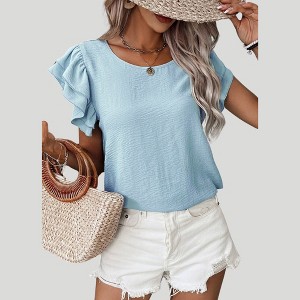 Amaryllis Women’s Double Layer Ruffle Sleeve Crinkled Textured Woven Scoop Neck Blouse Lightweight - 1 of 4
