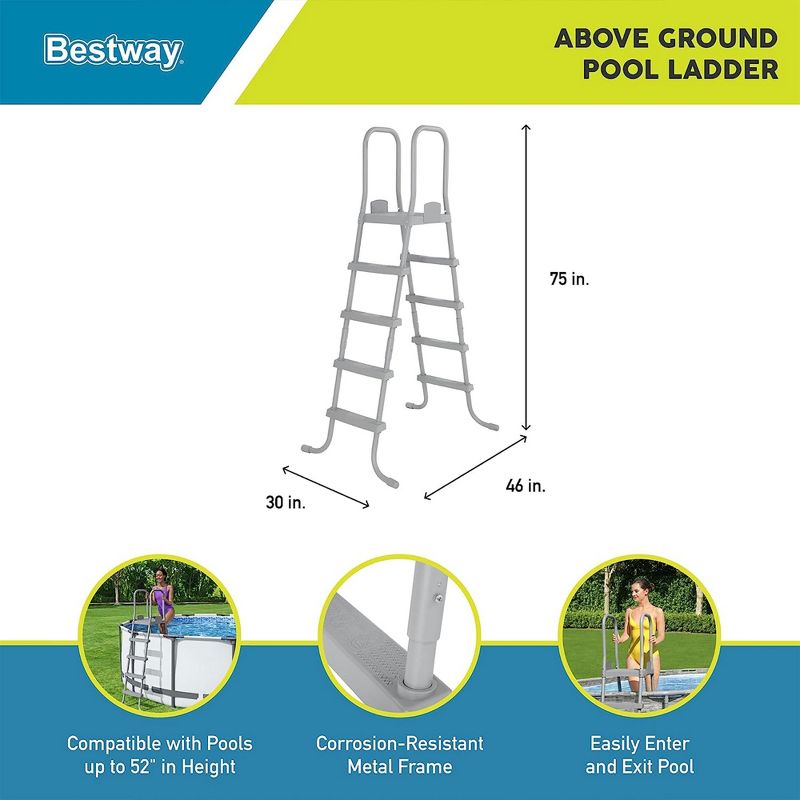 Bestway Flowclear 52 Inch Safety Ladder for Above Ground Outdoor Swimming Pools with Non-Sip Steps and Reliable Arm Rail, Gray, 3 of 8