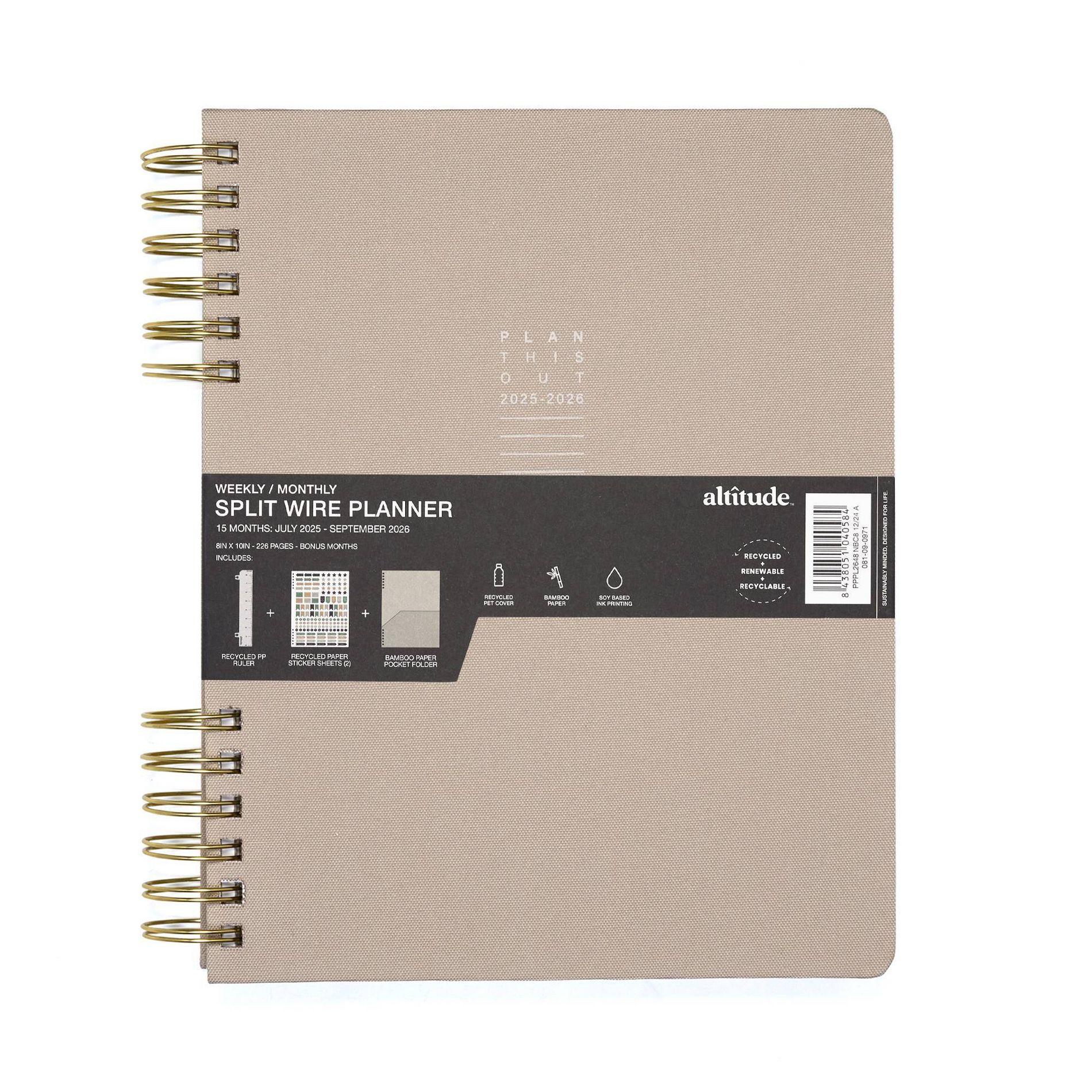 Altitude 8"x10" 2025-2026 Weekly/Monthly Planner Warm Gray 15 Month Bamboo Paper Recycled Stickers and Pocket Folder